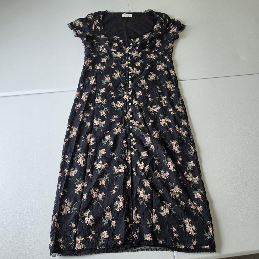 Y2K Lucky Brand Dress Medium Whimsigoth Fairy Black Floral Button Front Lace